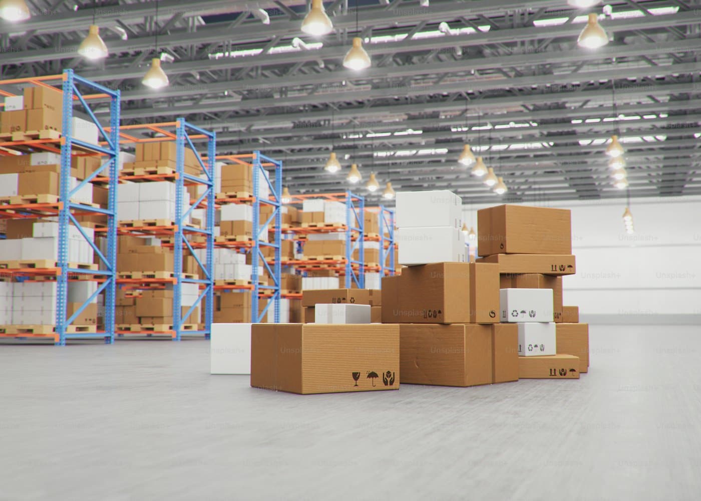 Cases of wholesale stock on warehouse shelving
